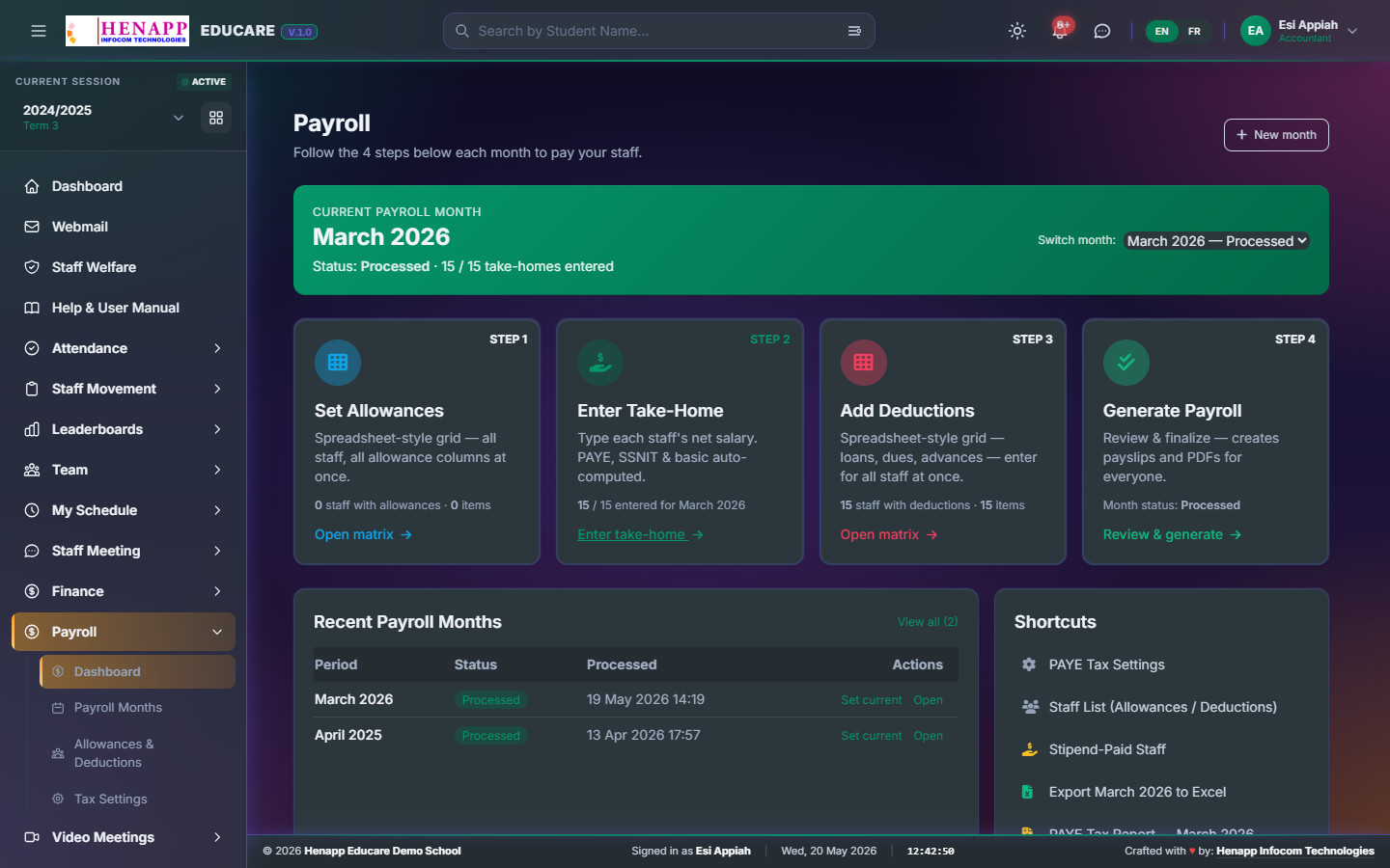 Payroll — generate payslips for staff.