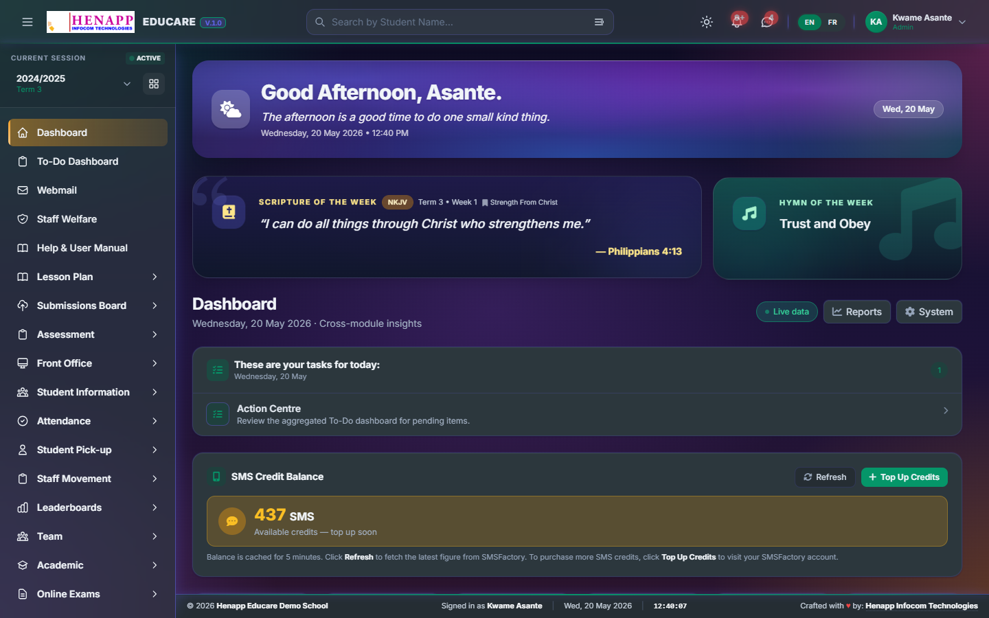 The Admin dashboard — counts, attendance, fees at a glance.