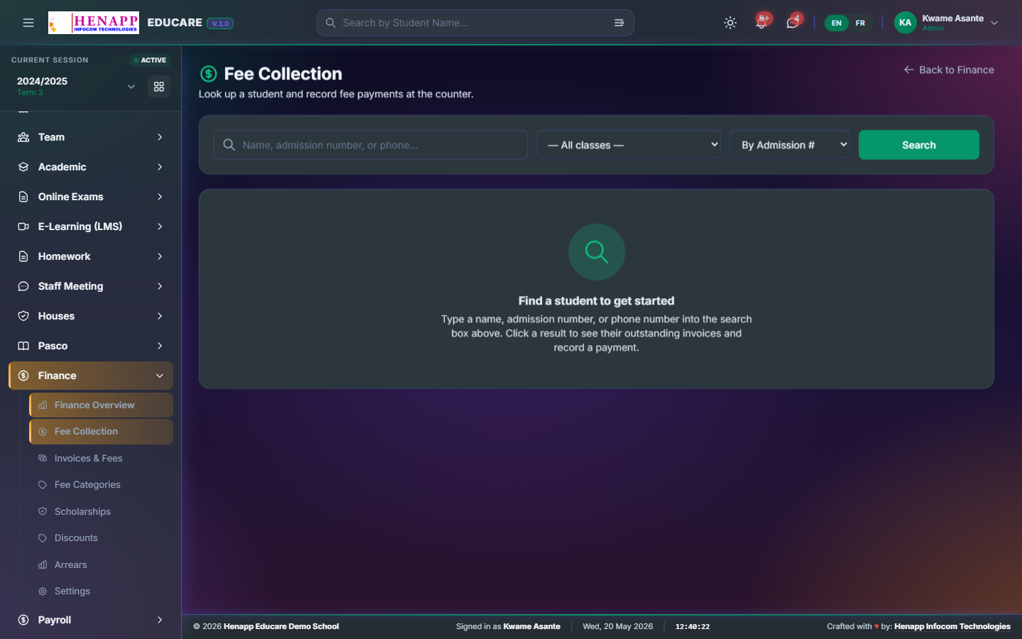 Fee Collection — record payments and see balances.