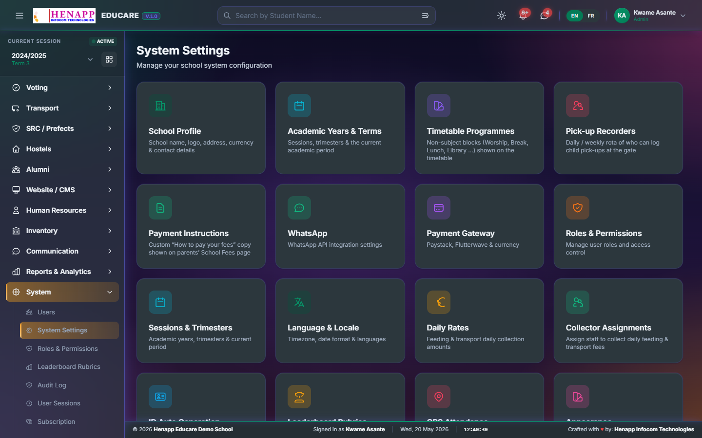 System Settings — school profile, terms, grading scale.