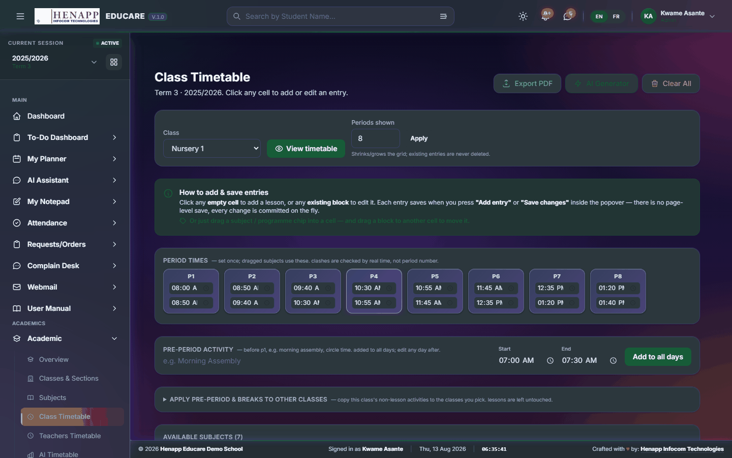 Class Timetable — Academic