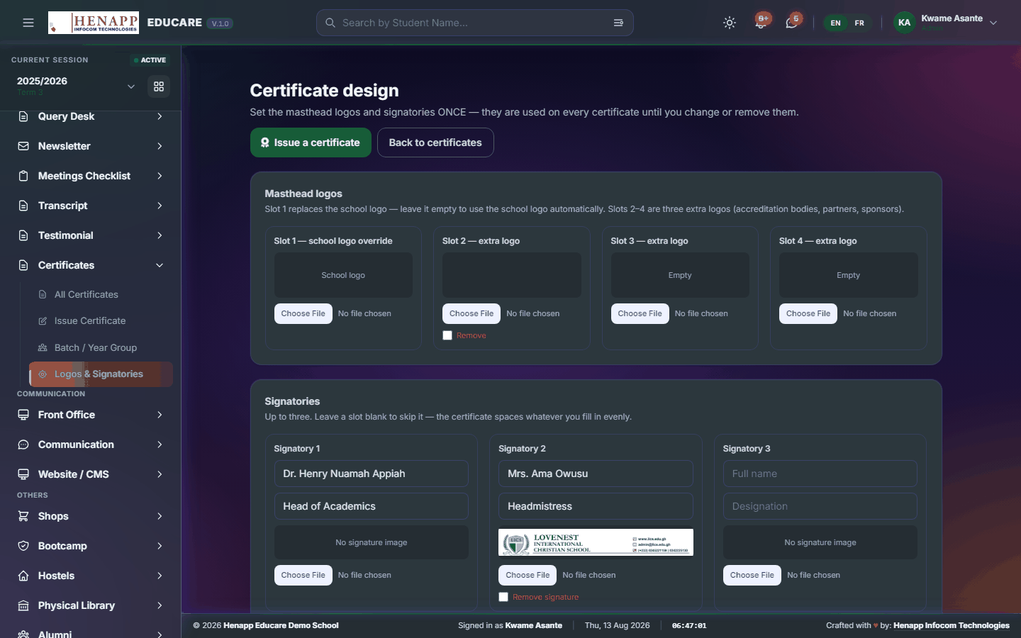 Logos & Signatories — Certificates