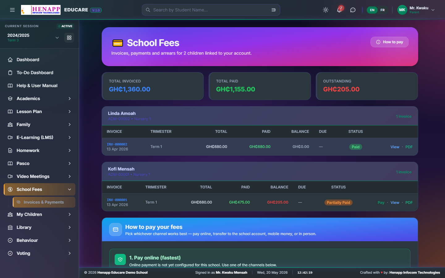 Your invoices — fee balance and payment history.
