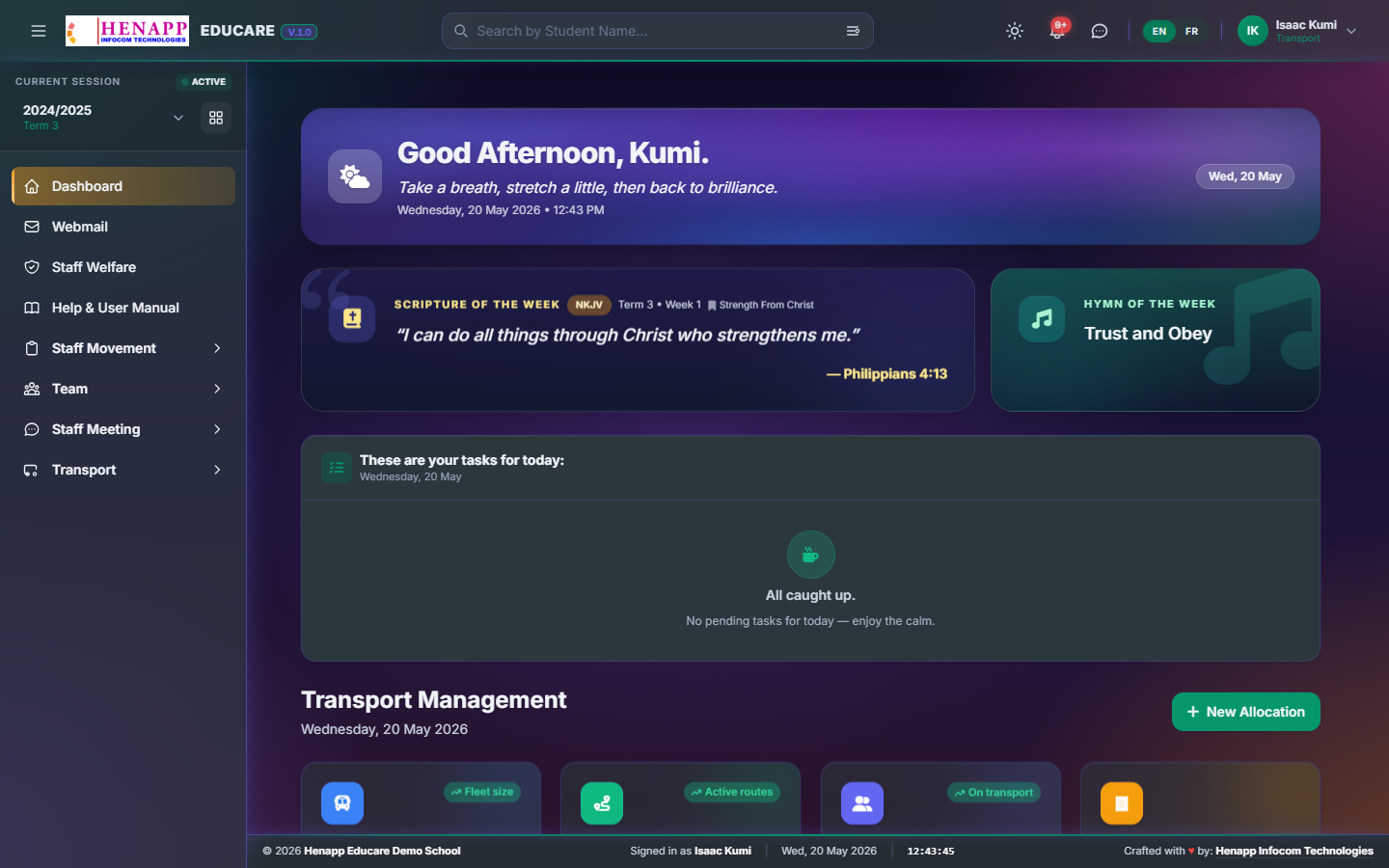The Transport Officer dashboard.